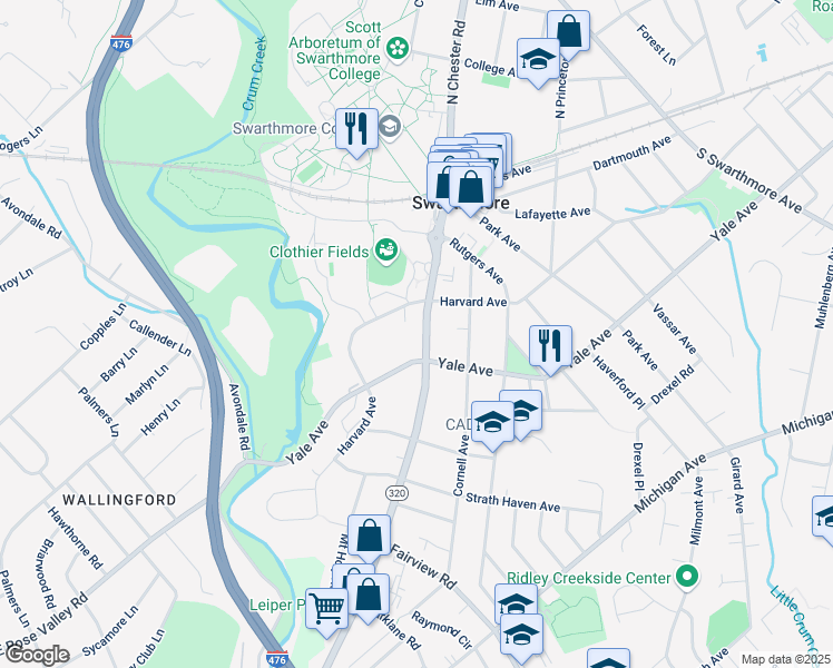 map of restaurants, bars, coffee shops, grocery stores, and more near 216 South Chester Road in Swarthmore