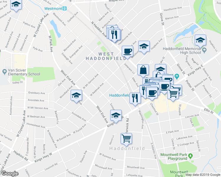 map of restaurants, bars, coffee shops, grocery stores, and more near 44 Truman Avenue in Haddonfield