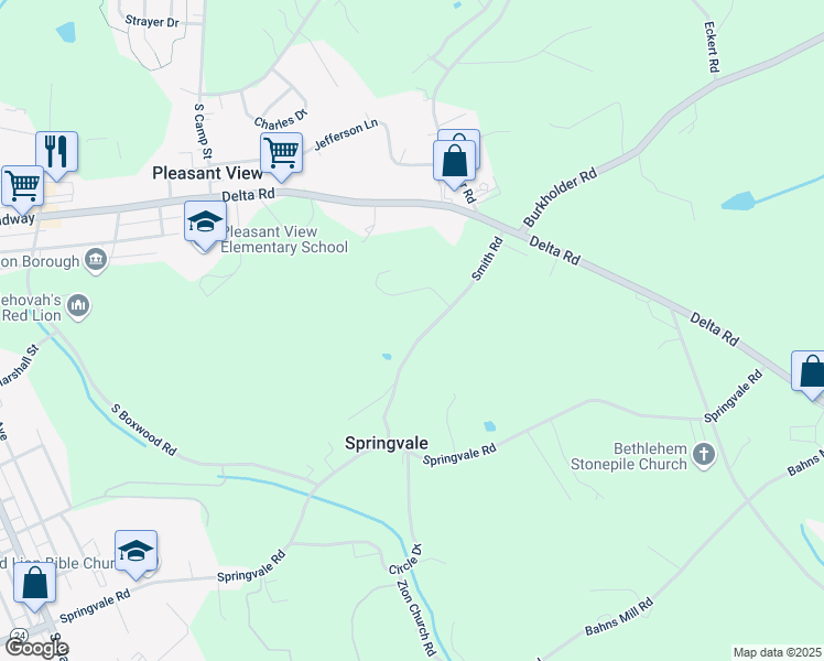 map of restaurants, bars, coffee shops, grocery stores, and more near 120 Smith Rd in Red Lion