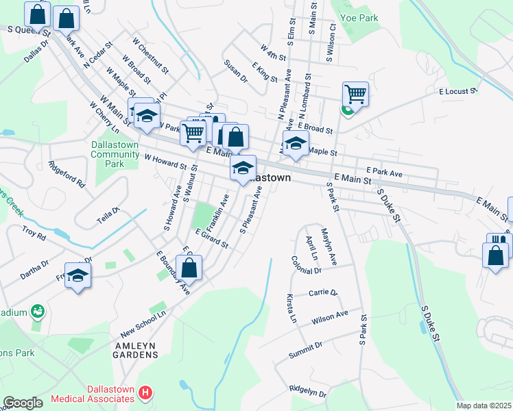 map of restaurants, bars, coffee shops, grocery stores, and more near 119 South Pleasant Avenue in Dallastown