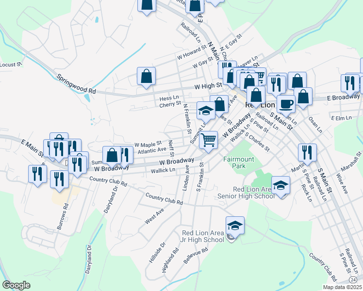 map of restaurants, bars, coffee shops, grocery stores, and more near 324 West Maple Street in Red Lion