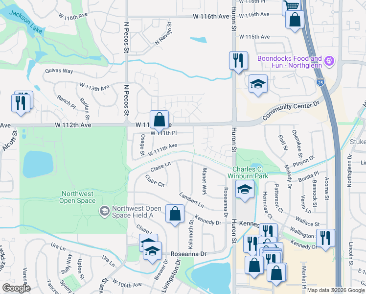 map of restaurants, bars, coffee shops, grocery stores, and more near 1227 West 111th Avenue in Northglenn