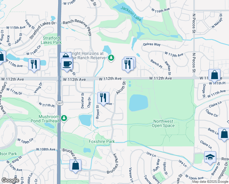 map of restaurants, bars, coffee shops, grocery stores, and more near 11147 Bryant Mews in Westminster