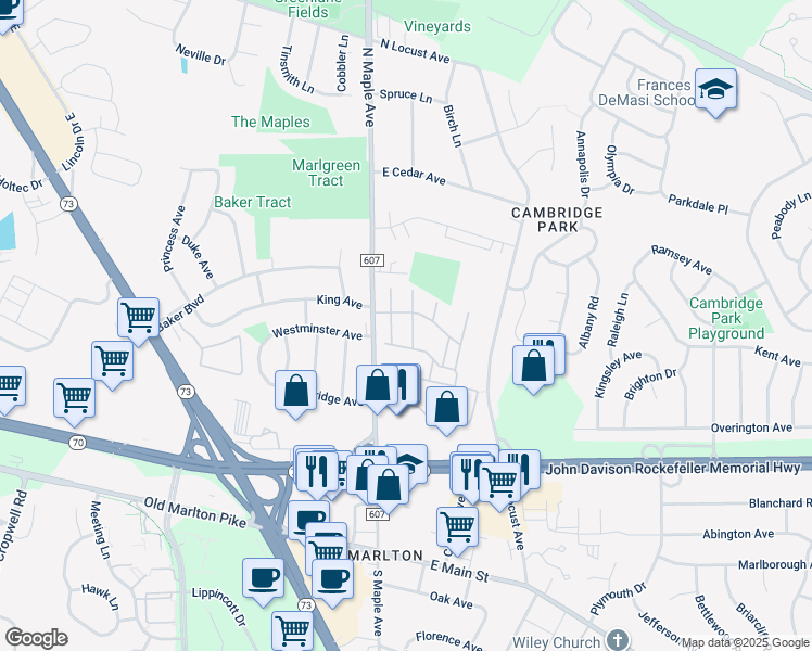 map of restaurants, bars, coffee shops, grocery stores, and more near Allison Apartments Road in Evesham Township