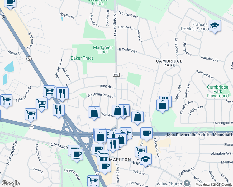 map of restaurants, bars, coffee shops, grocery stores, and more near in Evesham