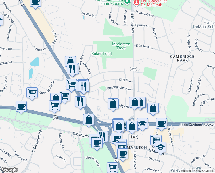map of restaurants, bars, coffee shops, grocery stores, and more near 125 Westminster Ave in Evesham Township
