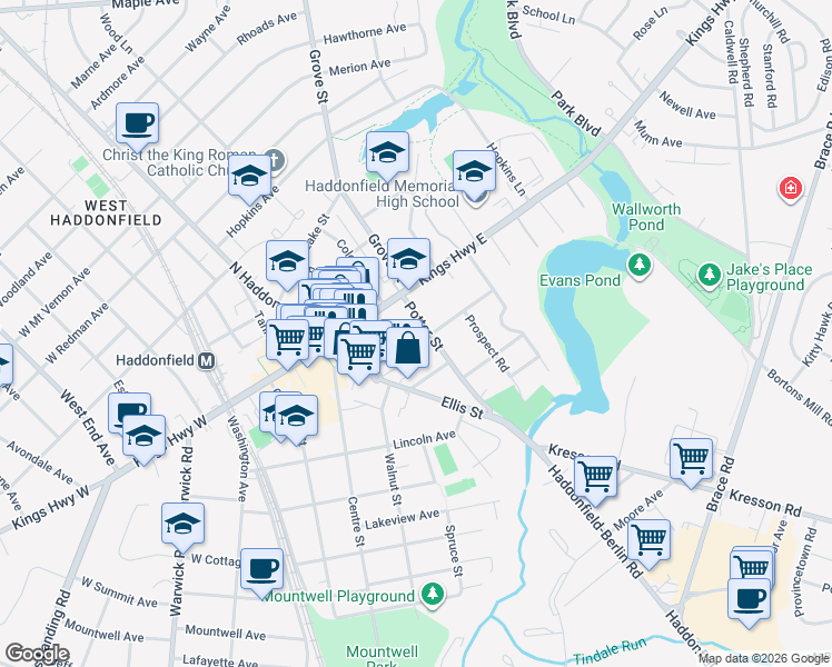 map of restaurants, bars, coffee shops, grocery stores, and more near 30 Potter Street in Haddonfield