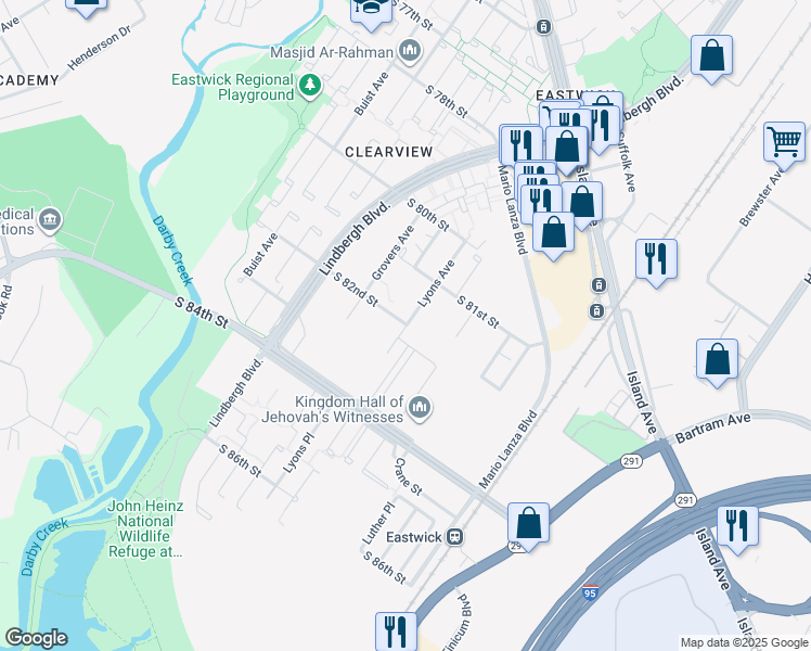 map of restaurants, bars, coffee shops, grocery stores, and more near 2818 South 82nd Street in Philadelphia