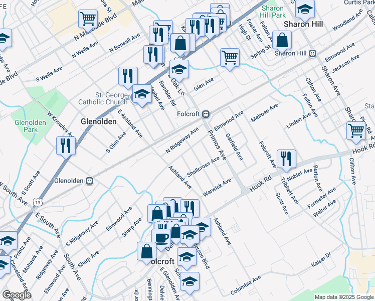 map of restaurants, bars, coffee shops, grocery stores, and more near 31 North Ridgeway Avenue in Glenolden