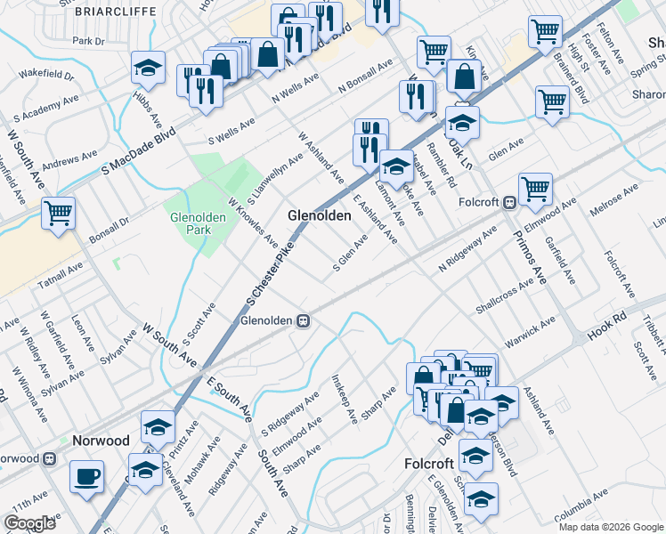 map of restaurants, bars, coffee shops, grocery stores, and more near 49 Logan Avenue in Glenolden