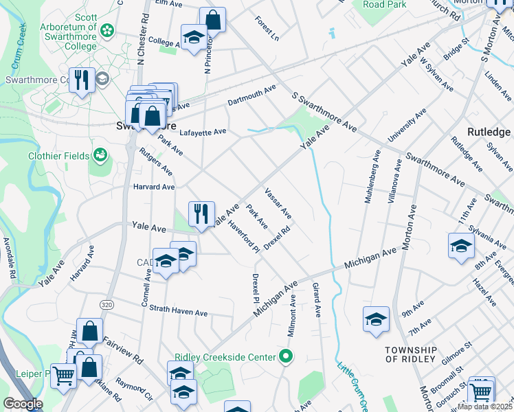 map of restaurants, bars, coffee shops, grocery stores, and more near 303 Park Avenue in Swarthmore