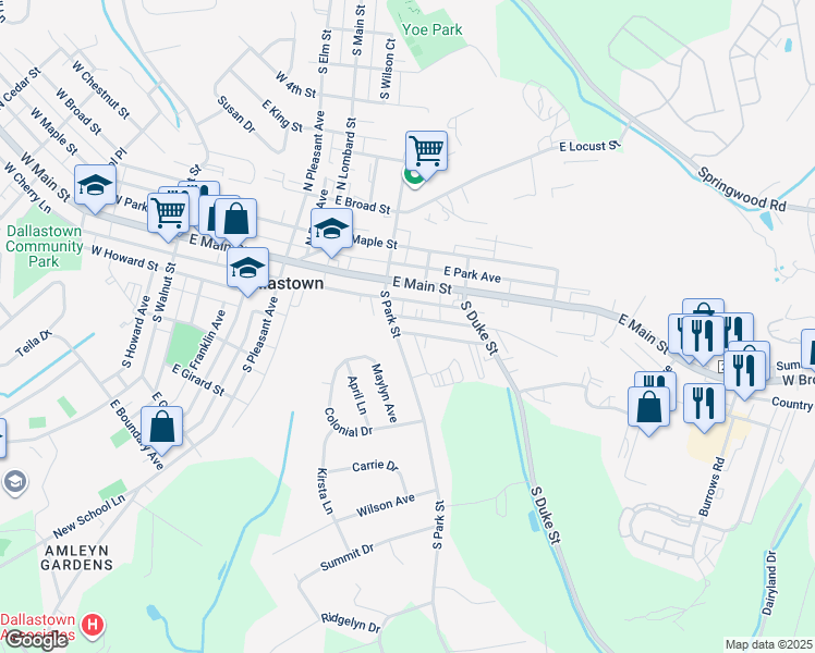 map of restaurants, bars, coffee shops, grocery stores, and more near 24 East Frederick Street in Dallastown