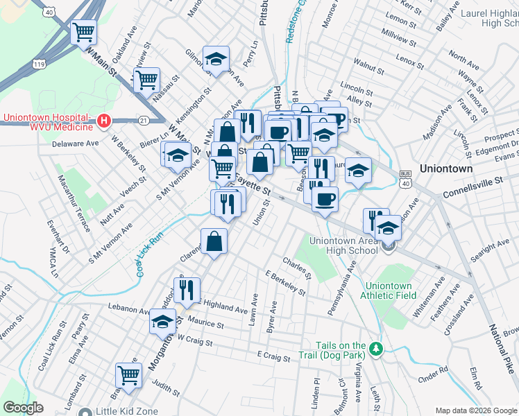 map of restaurants, bars, coffee shops, grocery stores, and more near 18 Union Street in Uniontown