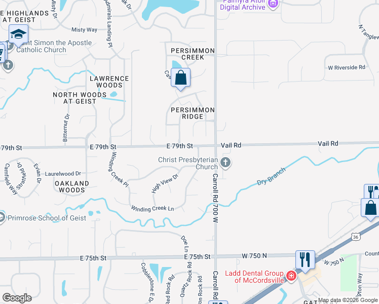 map of restaurants, bars, coffee shops, grocery stores, and more near 12615 East 79th Street in Indianapolis