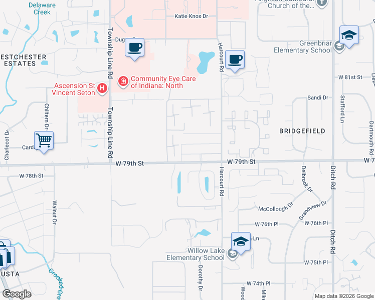 map of restaurants, bars, coffee shops, grocery stores, and more near 2047 Dunbarton Court West in Indianapolis