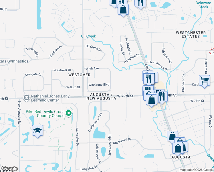 map of restaurants, bars, coffee shops, grocery stores, and more near 3628 Wishbone Boulevard in Indianapolis