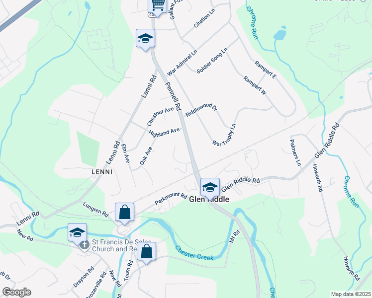 map of restaurants, bars, coffee shops, grocery stores, and more near 230 South Pennell Road in Media