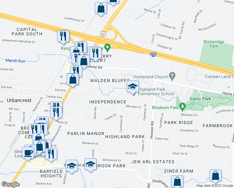 map of restaurants, bars, coffee shops, grocery stores, and more near 3210 Independence Street in Grove City