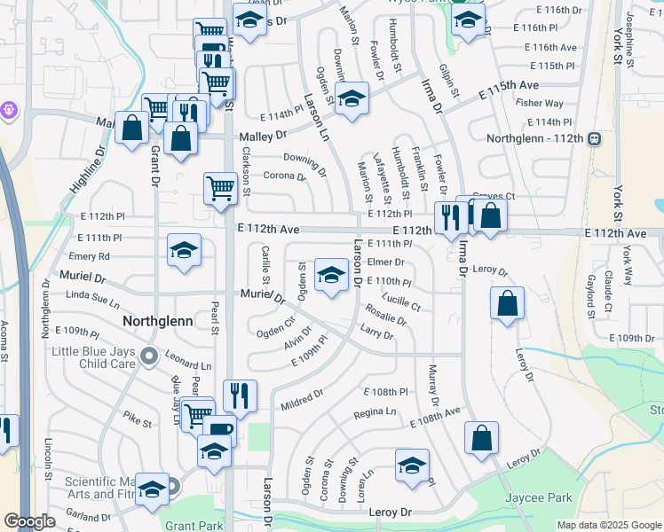 map of restaurants, bars, coffee shops, grocery stores, and more near 1063 Elmer Drive in Northglenn