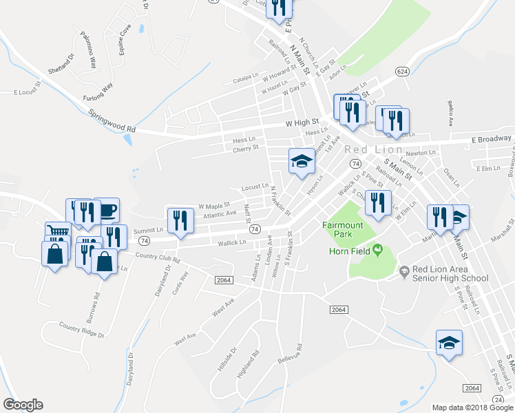 map of restaurants, bars, coffee shops, grocery stores, and more near 332 Atlantic Avenue in Red Lion