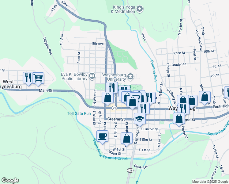 map of restaurants, bars, coffee shops, grocery stores, and more near 128 West Wayne Street in Waynesburg