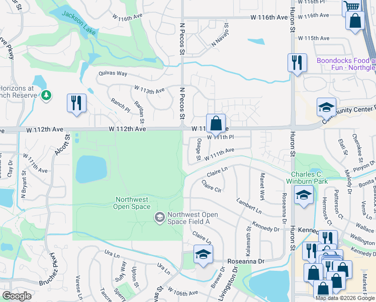 map of restaurants, bars, coffee shops, grocery stores, and more near Park Vistas Drive in Northglenn