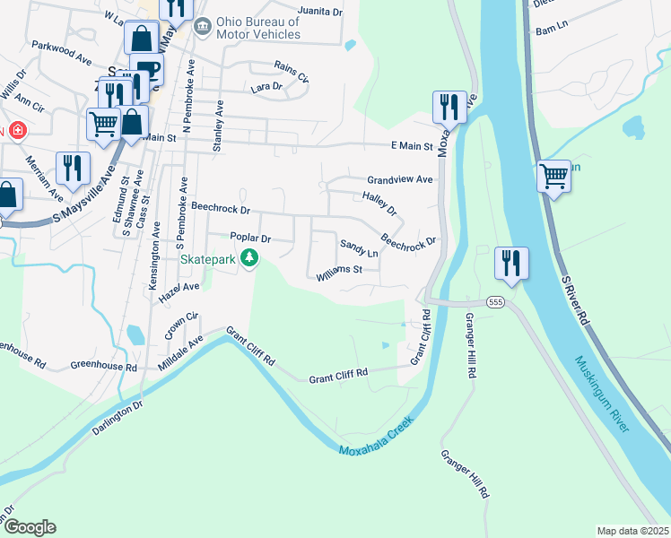 map of restaurants, bars, coffee shops, grocery stores, and more near 98 Williams Street in Zanesville