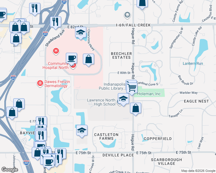 map of restaurants, bars, coffee shops, grocery stores, and more near 7501 Kilmer Lane in Indianapolis