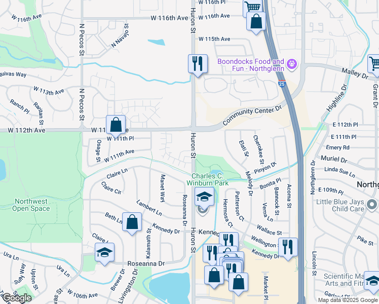 map of restaurants, bars, coffee shops, grocery stores, and more near 11085 Huron Street in Northglenn