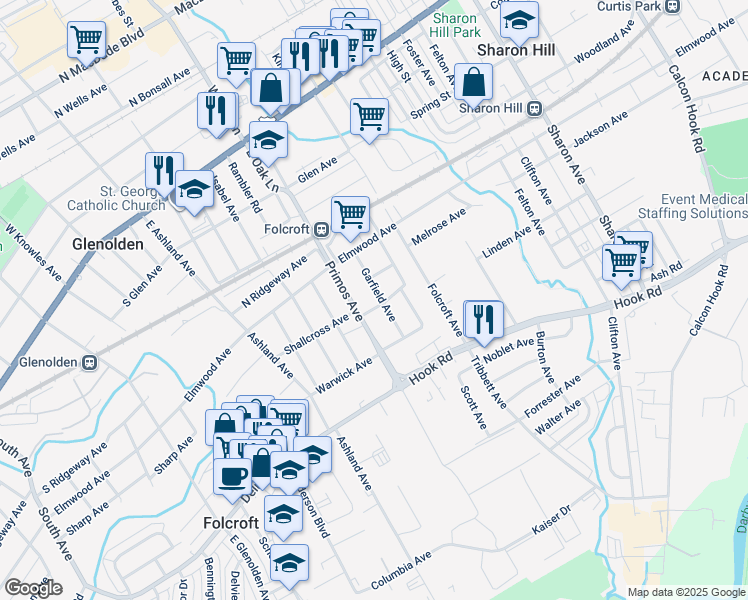 map of restaurants, bars, coffee shops, grocery stores, and more near 448 Garfield Avenue in Folcroft