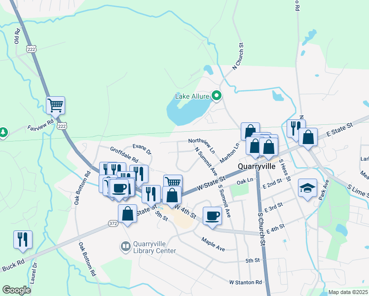 map of restaurants, bars, coffee shops, grocery stores, and more near 215 Slate Lane in Quarryville