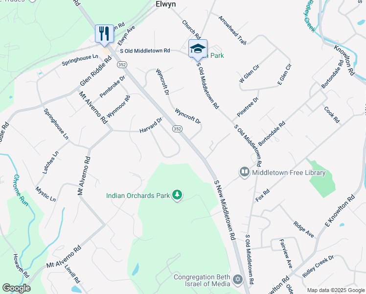 map of restaurants, bars, coffee shops, grocery stores, and more near 15 Dartmouth Circle in Media