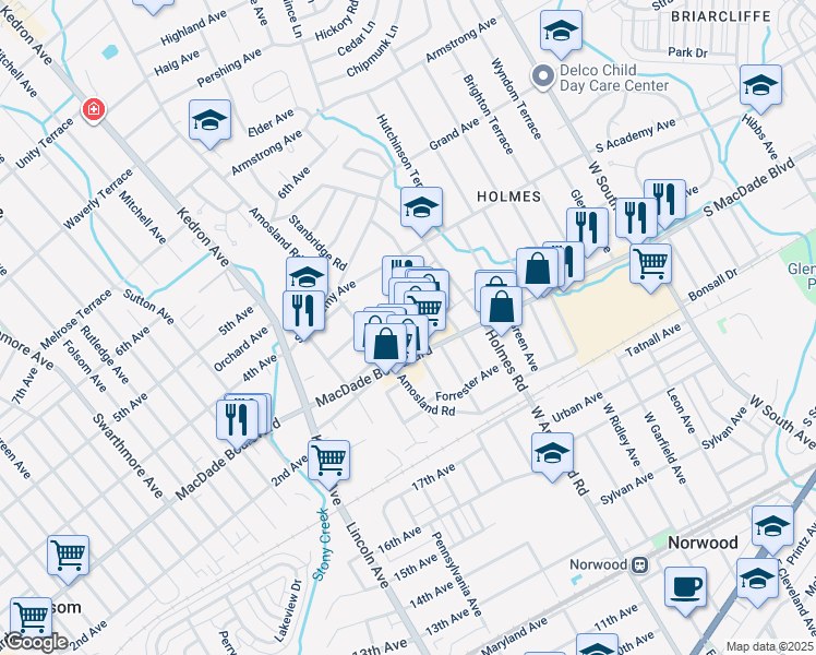 map of restaurants, bars, coffee shops, grocery stores, and more near 2185 MacDade Boulevard in Holmes