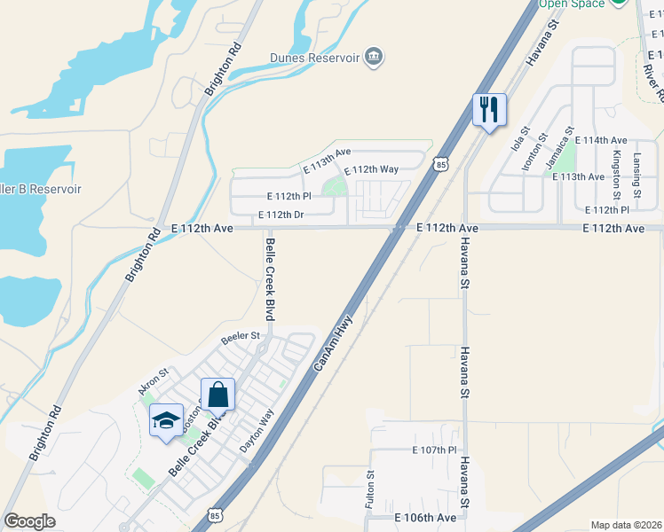 map of restaurants, bars, coffee shops, grocery stores, and more near Belle Creek Trail in Commerce City
