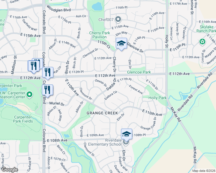 map of restaurants, bars, coffee shops, grocery stores, and more near 11173 Dexter Drive in Thornton