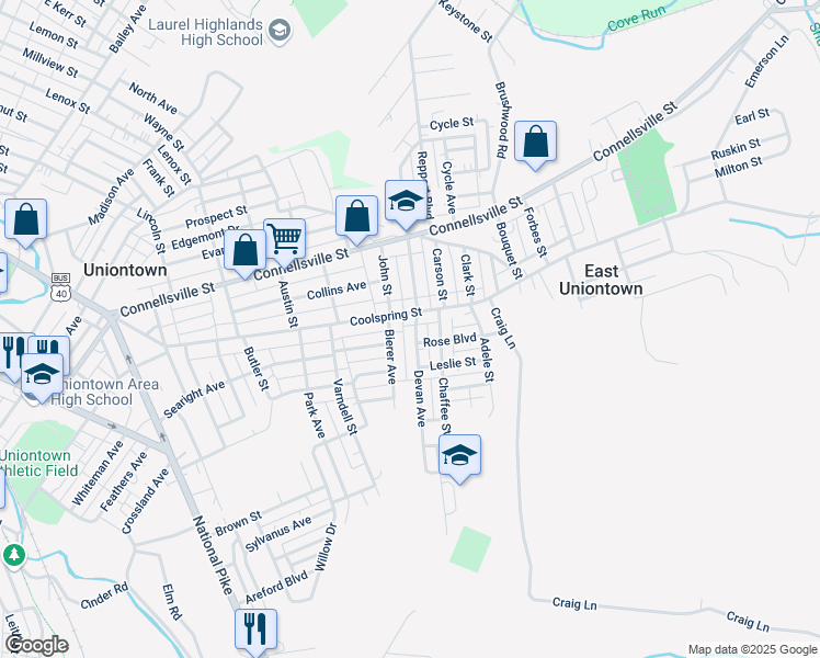 map of restaurants, bars, coffee shops, grocery stores, and more near 304 Coolspring Street in Uniontown