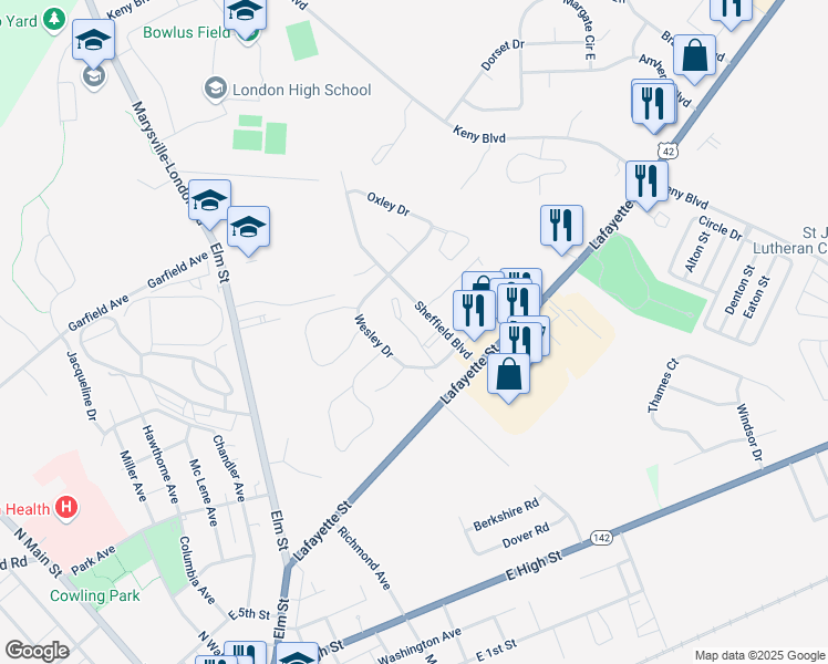 map of restaurants, bars, coffee shops, grocery stores, and more near 339 Muirwood Drive in London