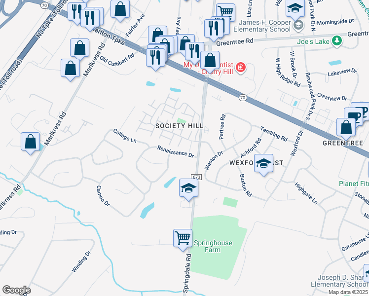 map of restaurants, bars, coffee shops, grocery stores, and more near 1015 Society Hill Boulevard in Cherry Hill