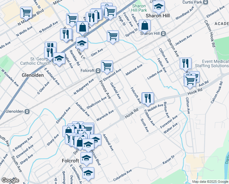 map of restaurants, bars, coffee shops, grocery stores, and more near 448 Garfield Avenue in Folcroft