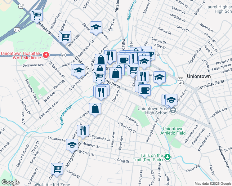 map of restaurants, bars, coffee shops, grocery stores, and more near 18 Union Street in Uniontown