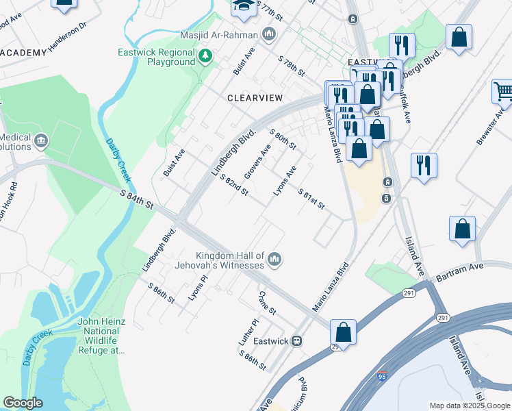map of restaurants, bars, coffee shops, grocery stores, and more near 2818 South 82nd Street in Philadelphia