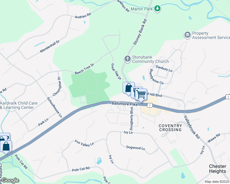 map of restaurants, bars, coffee shops, grocery stores, and more near 231 Baltimore Pike in Glen Mills