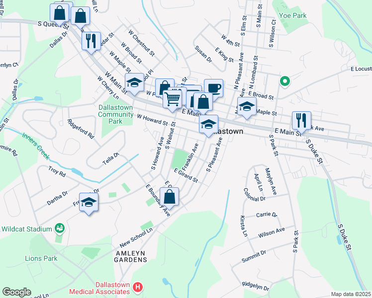 map of restaurants, bars, coffee shops, grocery stores, and more near 191 Devers Street in Dallastown