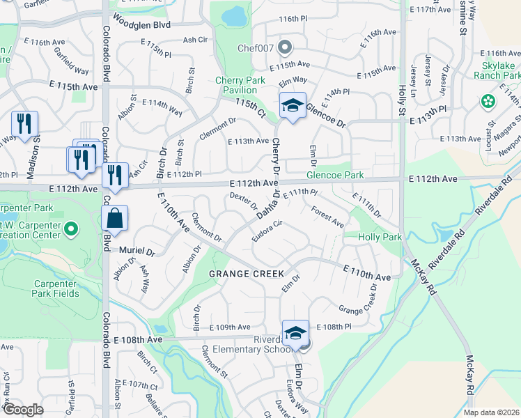 map of restaurants, bars, coffee shops, grocery stores, and more near 11173 Dexter Drive in Thornton