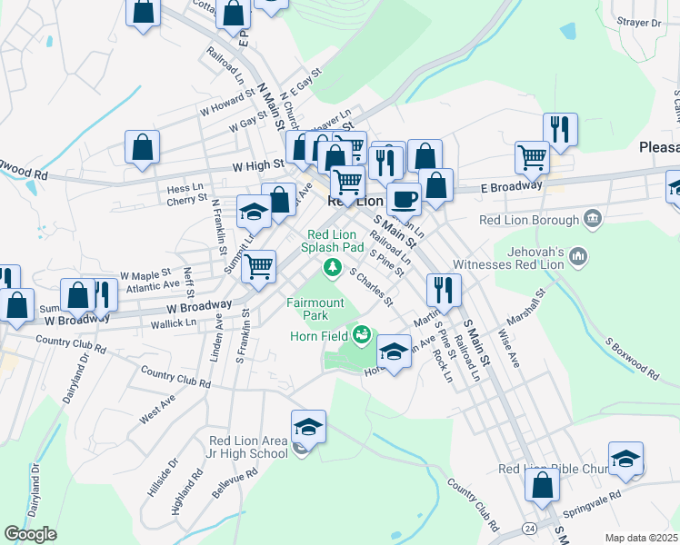 map of restaurants, bars, coffee shops, grocery stores, and more near 120 S Charles St in Red Lion
