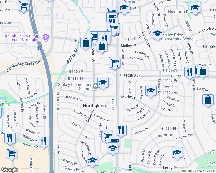 map of restaurants, bars, coffee shops, grocery stores, and more near 608 Emery Road in Northglenn