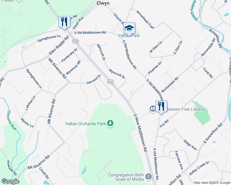 map of restaurants, bars, coffee shops, grocery stores, and more near 15 Dartmouth Circle in Media