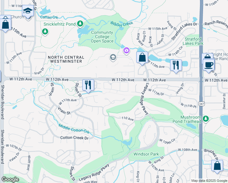 map of restaurants, bars, coffee shops, grocery stores, and more near 3840 West 112th Avenue in Westminster
