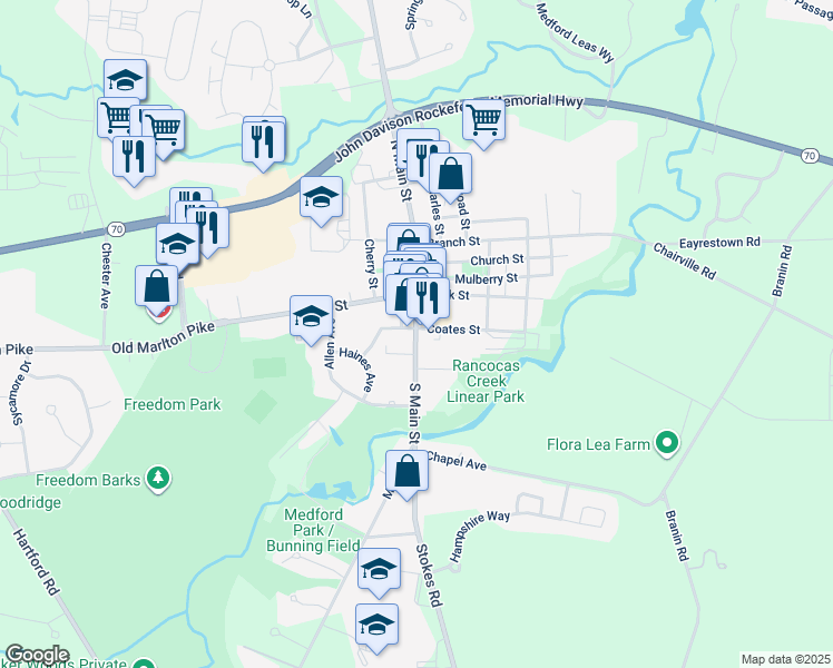 map of restaurants, bars, coffee shops, grocery stores, and more near 35 S Main St in Medford