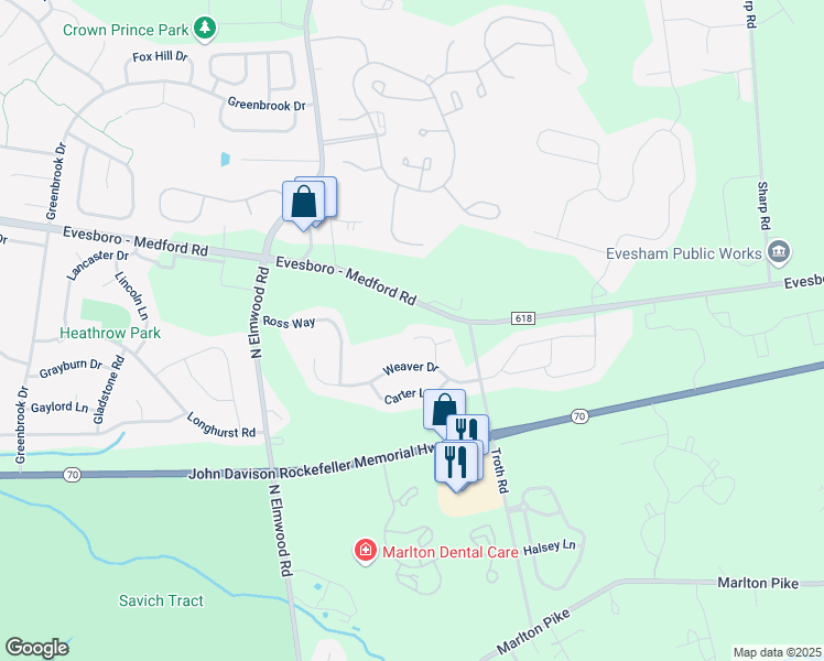 map of restaurants, bars, coffee shops, grocery stores, and more near 36 Hathaway Court in Evesham